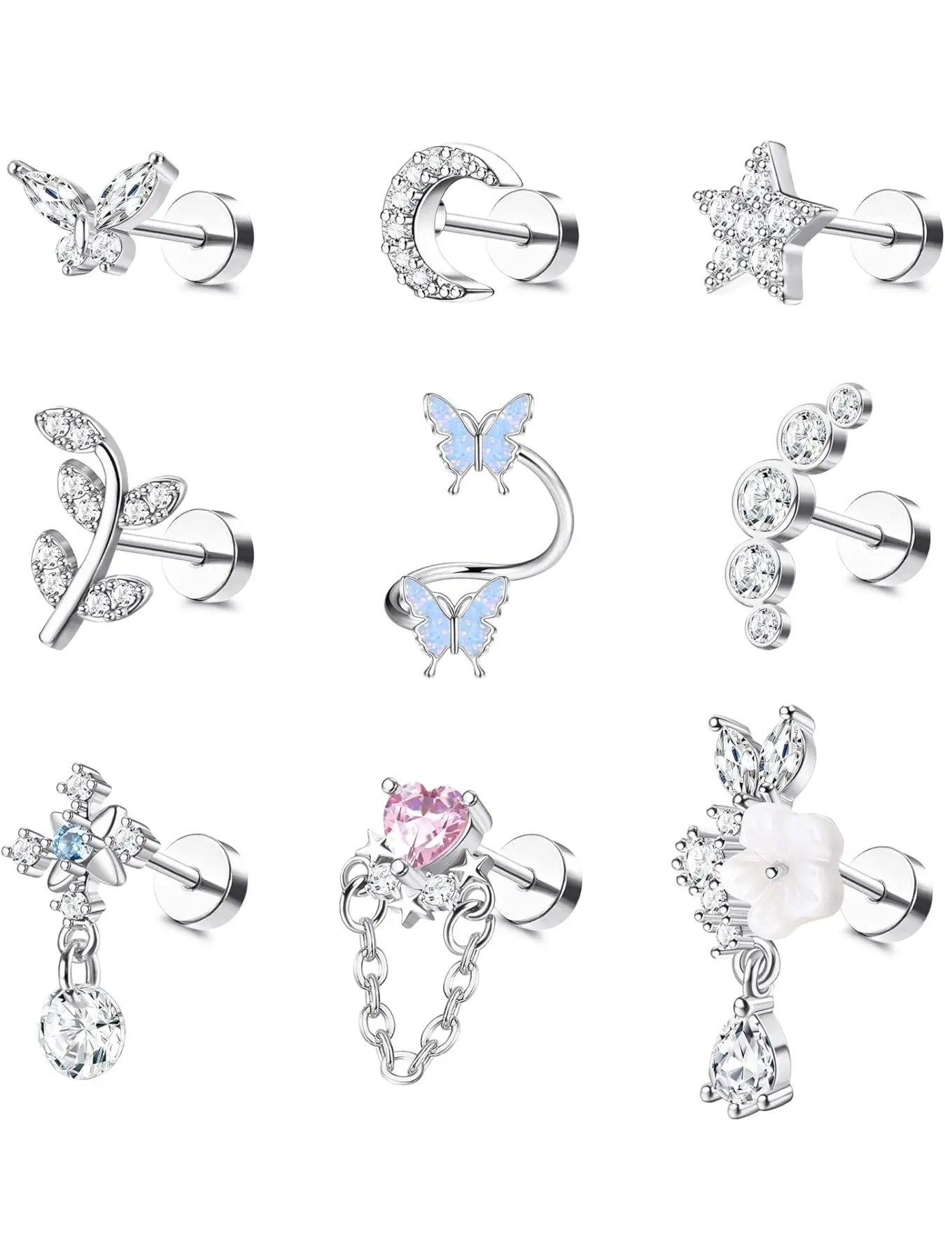 16 Gauge Cartilage Earrings Helix Earrings for Women Stainless Steel Hypoallergenic Cartilage Earring Helix Piercing Jewelry Leaf Butterfly CZ Studs Flat Back Cartilage Earrings Set 9Pcs Flatback Stud Earrings High Quality Earrings Ear Accessories