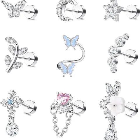 16 Gauge Cartilage Earrings Helix Earrings for Women Stainless Steel Cartilage Earring Helix Piercing Jewelry Leaf Butterfly CZ Studs Flat Back Cartilage Earrings Set 9Pcs High Quality Earrings Ear Accessories, Earrings with Flat Backs
