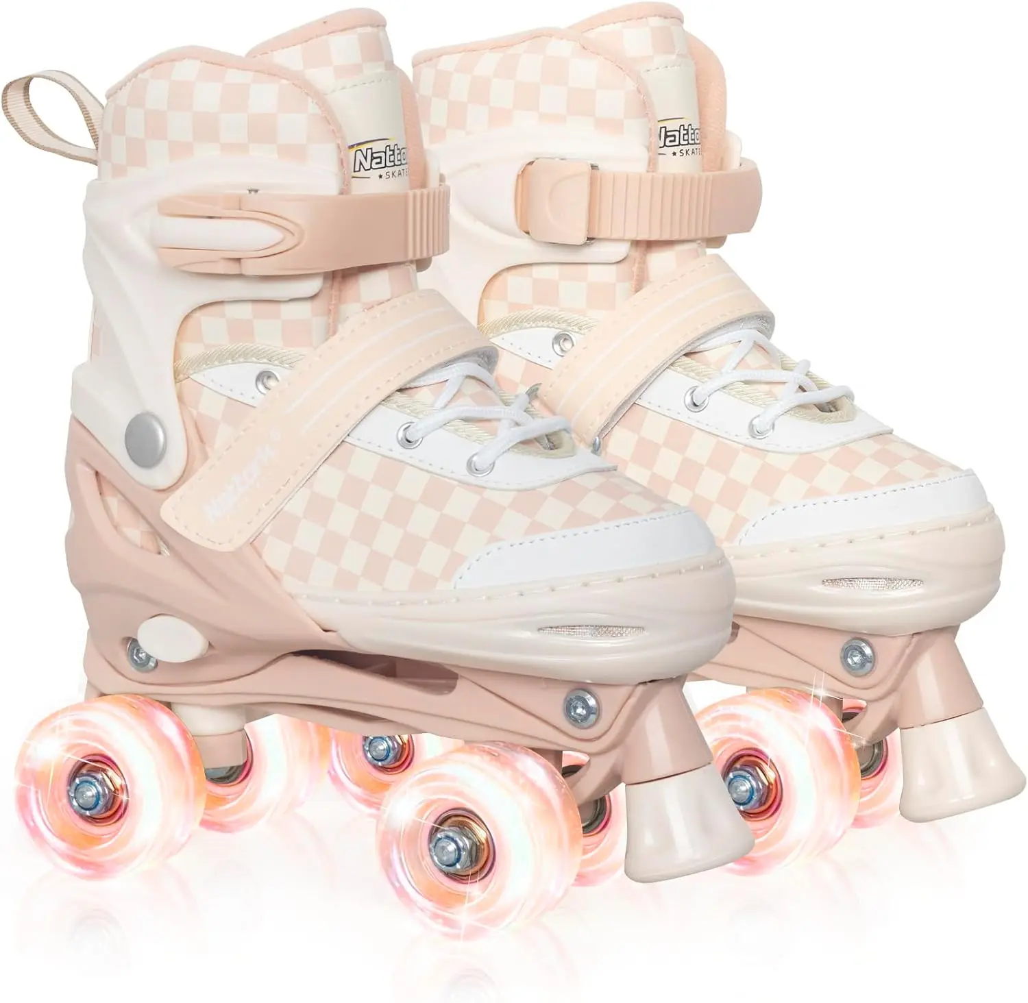 Nattork Retro Checkerboard Quad Roller Skates for Kids, 4-Size Adjustable, Light-Up PU Wheels, High-Top Ankle Support, Triple Closure, Stylish Beginner Sports Footwear Gift