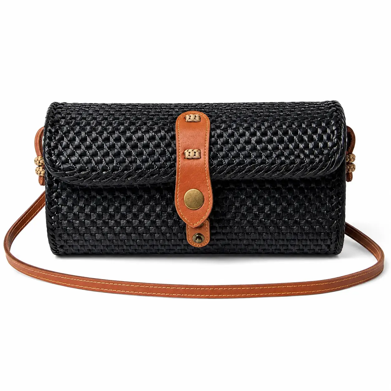 Handwoven Rattan Crossbody Clutch Bag | Handmade Wicker Shoulder Purse with Batik Fabric Lining | Lightweight Boho Women's Handbag