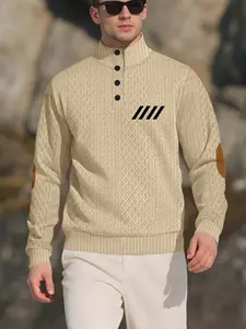 Men's stand collar long-sleeved Fitted shirt, color-blocked Geometric casual fashion Knitwear sweater