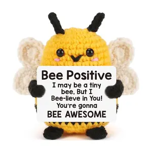 Crochet Bee Plush, Cuddly Stuffed Animal, Soft Cuddly Gift, Handmade Amigurumi Motivational Bee, Encouragement Stuffed Animal Gifts for Graduation, Birthday, or Mother's Day, Emotional Support Desk Buddy & Bee Decor with Affirmative Quotes