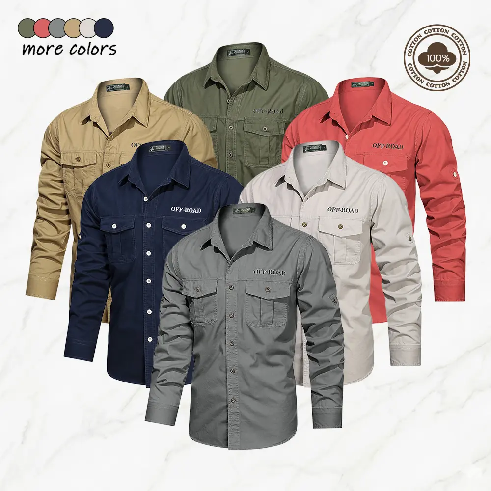 Menswear Men's 100% Cotton Long-Sleeve Work Shirt, Casual Outdoor Top with Turn-Down Collar, Button Closure, Multiple Pockets, Solid Color, Suitable for Hiking, Travel, Single Pack, Ideal Men's Gift