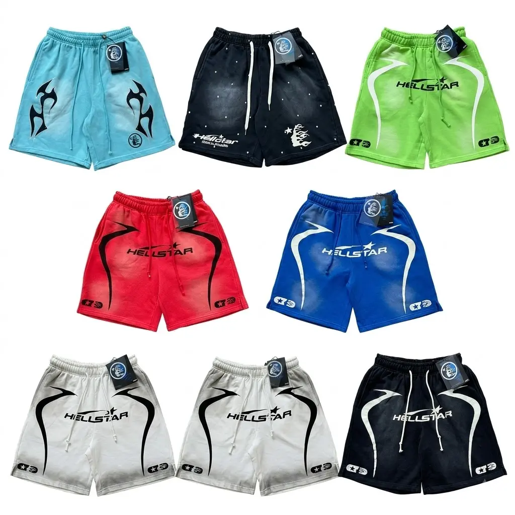 Hellstar Flame Graphic Shorts, Unisex Heavyweight Cotton Sweatshorts, Vintage Washed Casual Streetwear, Y2K Gothic Hip Hop Style, Loose Fit for Men & Women