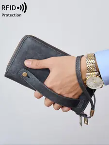 Men's Business Solid Color Rfid Protection Long Wallet, Rfid Blocking Wallets, Vintage Double Zipper Large Capacity Wallet, Multi-function Credit Card Holder, Rfid Blocking Technology, Rfid Wallet With Double Zippers