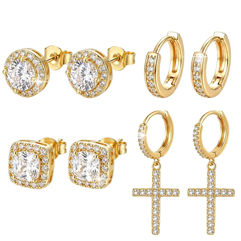 4 Pair/Set Women's 14K Gold-Plated Ear Stack Set - Viral Cambo Design, Square/Round Cubic Zirconia Halo Studs, Cross Dangle Huggies, Trendy 2026 Aesthetic Costume Jewelry for Women Men, Style gift for  fashionable earring everyday fine luxury   cz daily