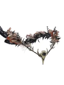 Brown-feathered witch crown - Handmade Gothic headpiece with elf moon circles and raven skull dark crown for ladies' witch aesthetic, Renaissance period, Halloween role-play, Gothic wedding.