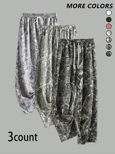 3-Piece All-Season Camouflage Pants, Casual Elastic Waisted, Loose-Fit, Casual Women's Summer Fashion Bottoms, Stylish Printed Long Pants, Casual Streetwear Pants