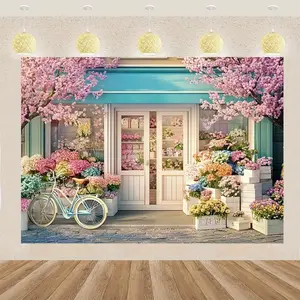 2D Flat, 1pc Spring Flower Shop Backdrop Banner with Bicycle & Trees - Vibrant 2D Flat Floral Wall Decoration for Home, Garden, Studio, Outdoor Events - Spring Flower & Tree Print, Christmas