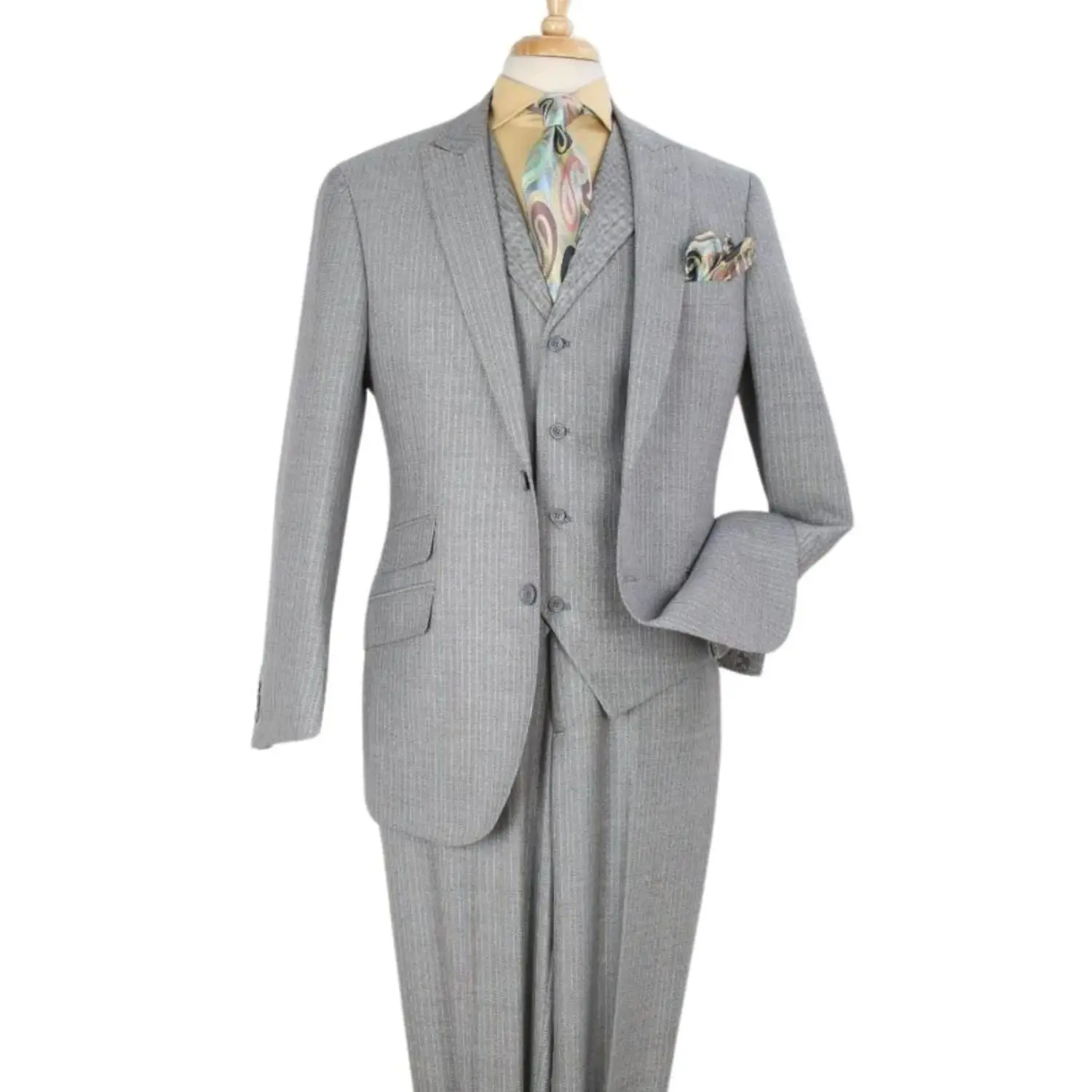 Grey Herringbone High Fashion 3-Piece Wool Suit with Peak Lapel and Vest