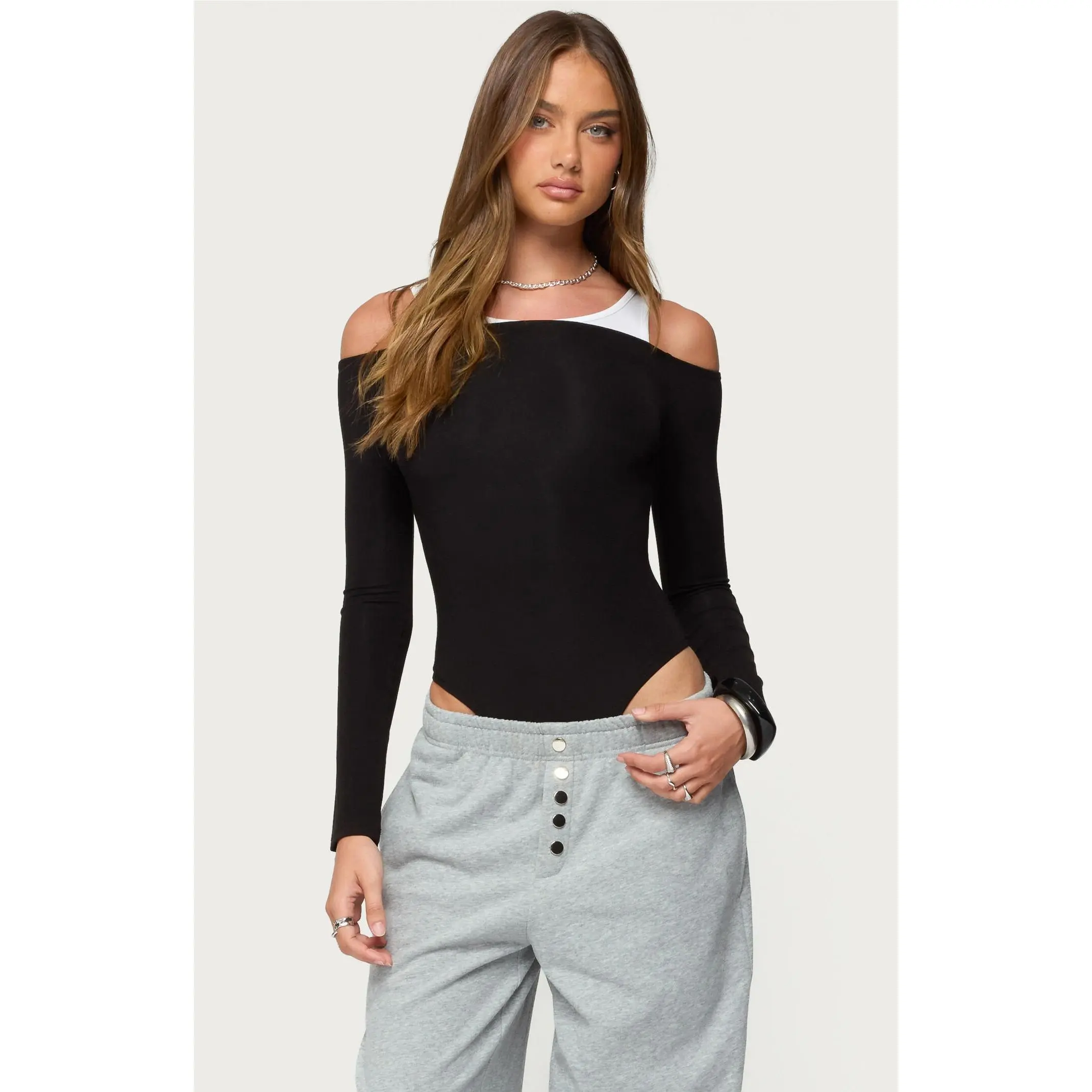 Edikted Women's Layered Ribbed Off Shoulder Bodysuit