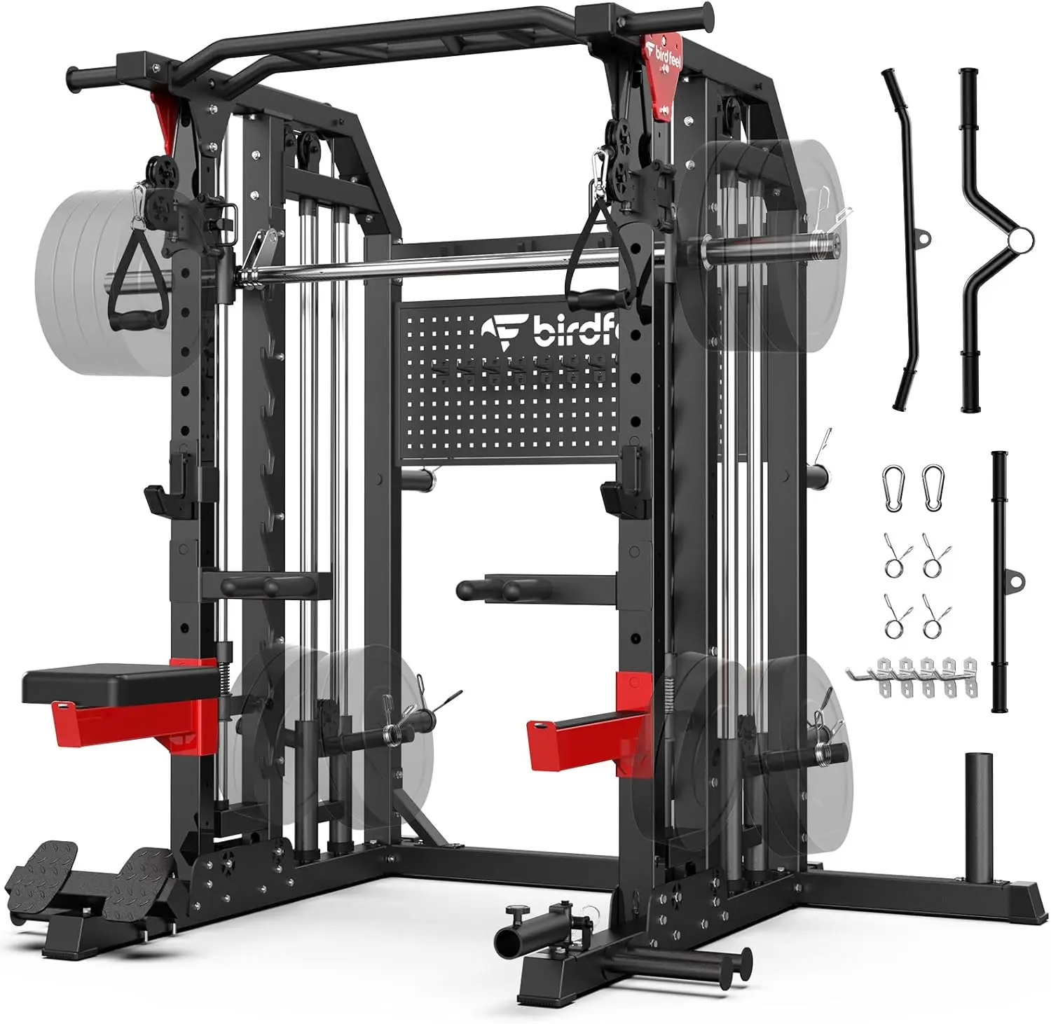 Multi-Function 2000LB Smith Machine Power Cage, Home Gym Squat Rack Featuring LAT Pulldown, Dual Pulley Cable Crossover, Gym-Quality Power Rack with Strength Training Attachments, Pegboard