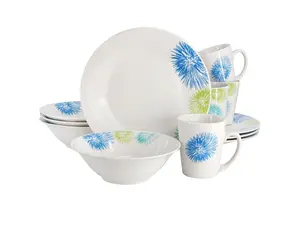 Gibson Home Blue Meadow 12 Piece Fine Ceramic Dinnerware Set in White with Colored Accents