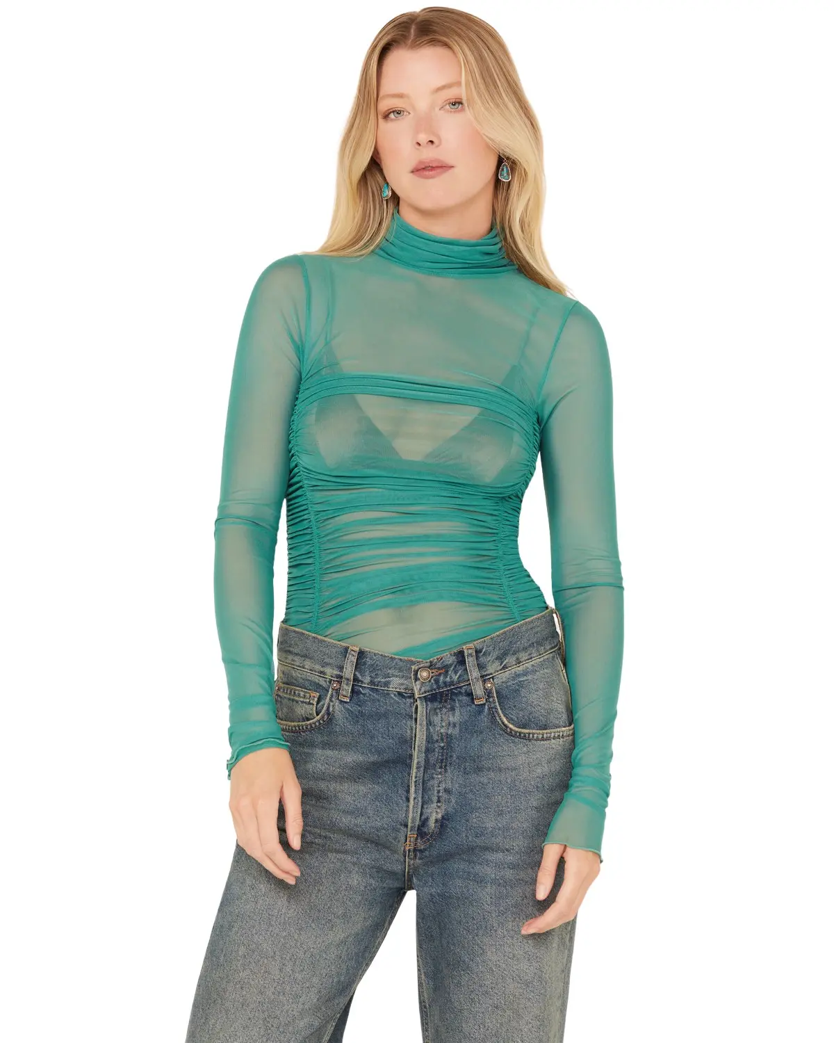 Free People Women's Women'S Under It All Ruched Mesh Bodysuit - Fp5821cy-Teal