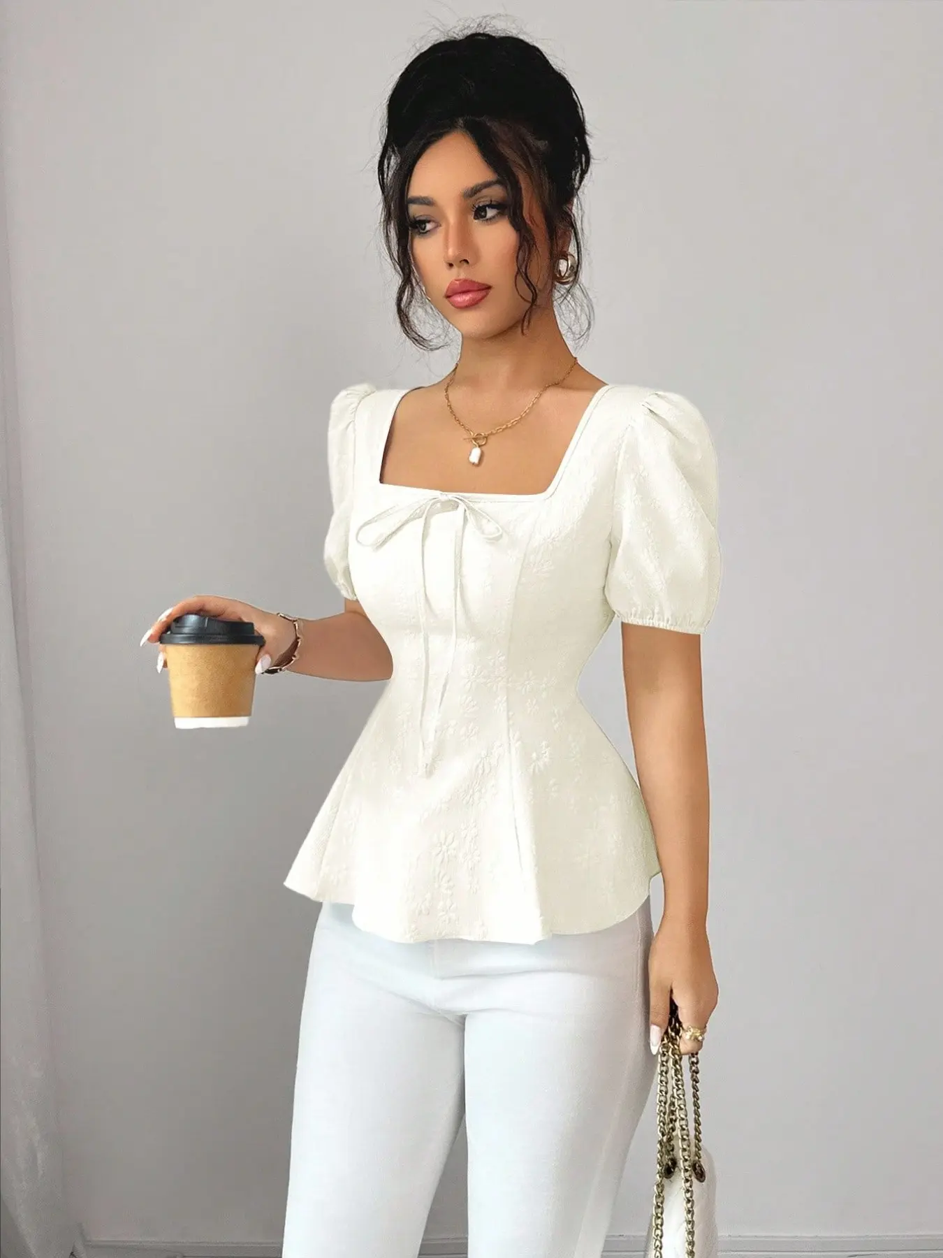 New Women's Fashion Versatile French Bow Tie Bowknot Top High-End Bubble Sleeve Chic Elegant Embroidered Fabric Shirt Top Fit, Stylish and Unique Design, Blouse Shirts, Blouses, Womenswear