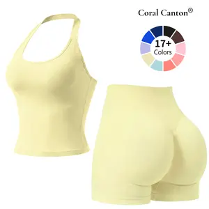 Coral Canton 2-Piece Halter Top & Sports Shorts Stretchy Suit Set, Sporty Style Outfits for Yoga Gym Outfits, Workout Gym Clothing & Training Clothes Sportswear Set Athletic Fashion Activewear, Athletic Sets, Activewear Shorts Set,summerwins