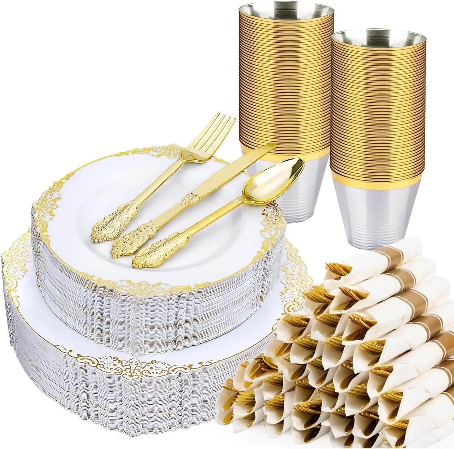 Realluck 350 Piece White and Gold Dinnerware Set for 50 Guests | Disposable Dinnerware Includes: 100 Disposable Plates, 150 Silverwares, 50 Cups, 50 Napkins for Party, Wedding, Graduation