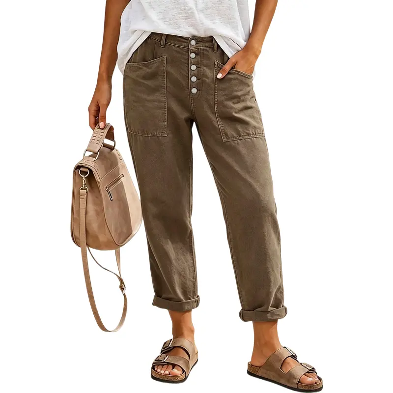 Flamingals Solid Patch Pocket Button Fly Mid Rise Straight Leg Crop Pants Womenswear Stretchy 23.8" Inseam