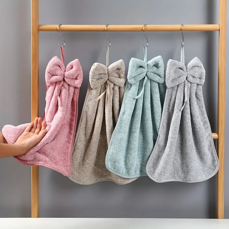 3 Pc Bowknot Hand Towels, Cute Pink Coral Velvet Cloud Hanging Towels, Super Absorbent Soft Gentle Face Cloths for Kitchen & Bathroom