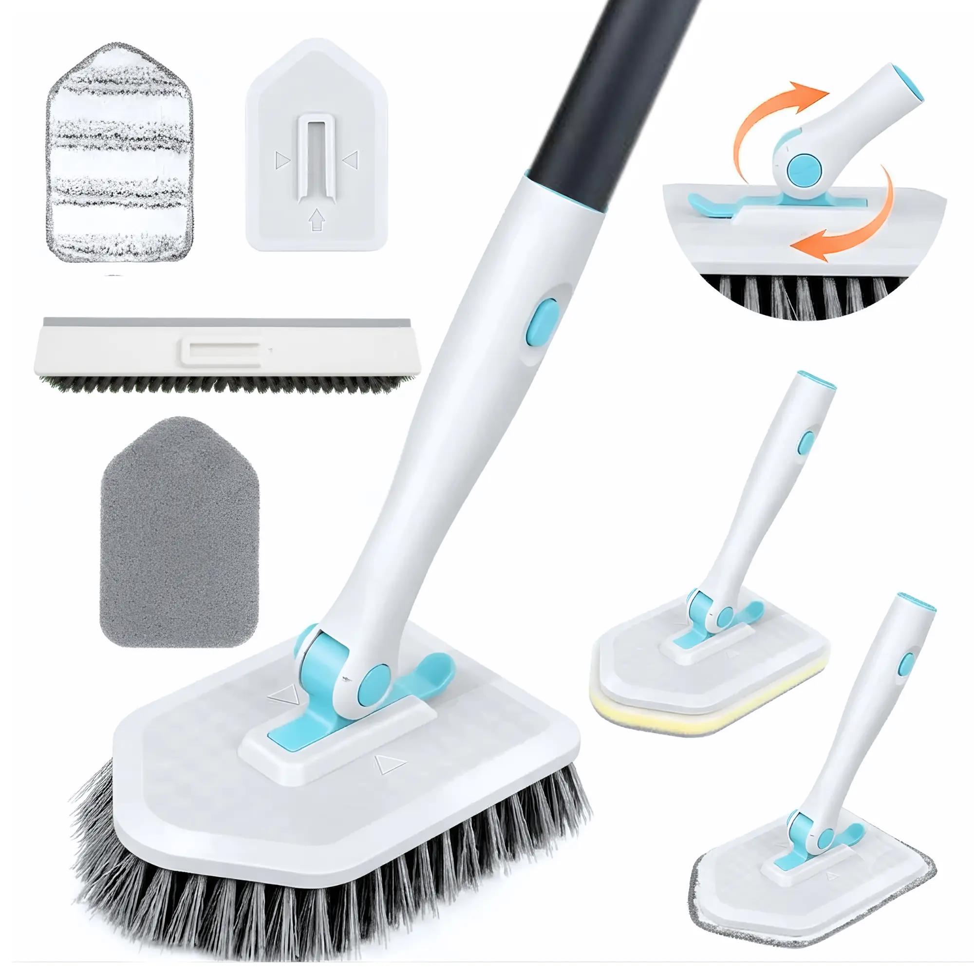 Lockable 4-in-1 Shower Scrubber with 50.4" Long Handle, 180° Rotating Grout Line Cleaning Toilet Brush & Plungers Set, V-Shaped Grout Brush, Scrub Pad & Microfiber Pad for Tub, Tile, Floor bathtub universal, Mirrors, Microfiber Cloth, 1 X Stiff Bristle Br