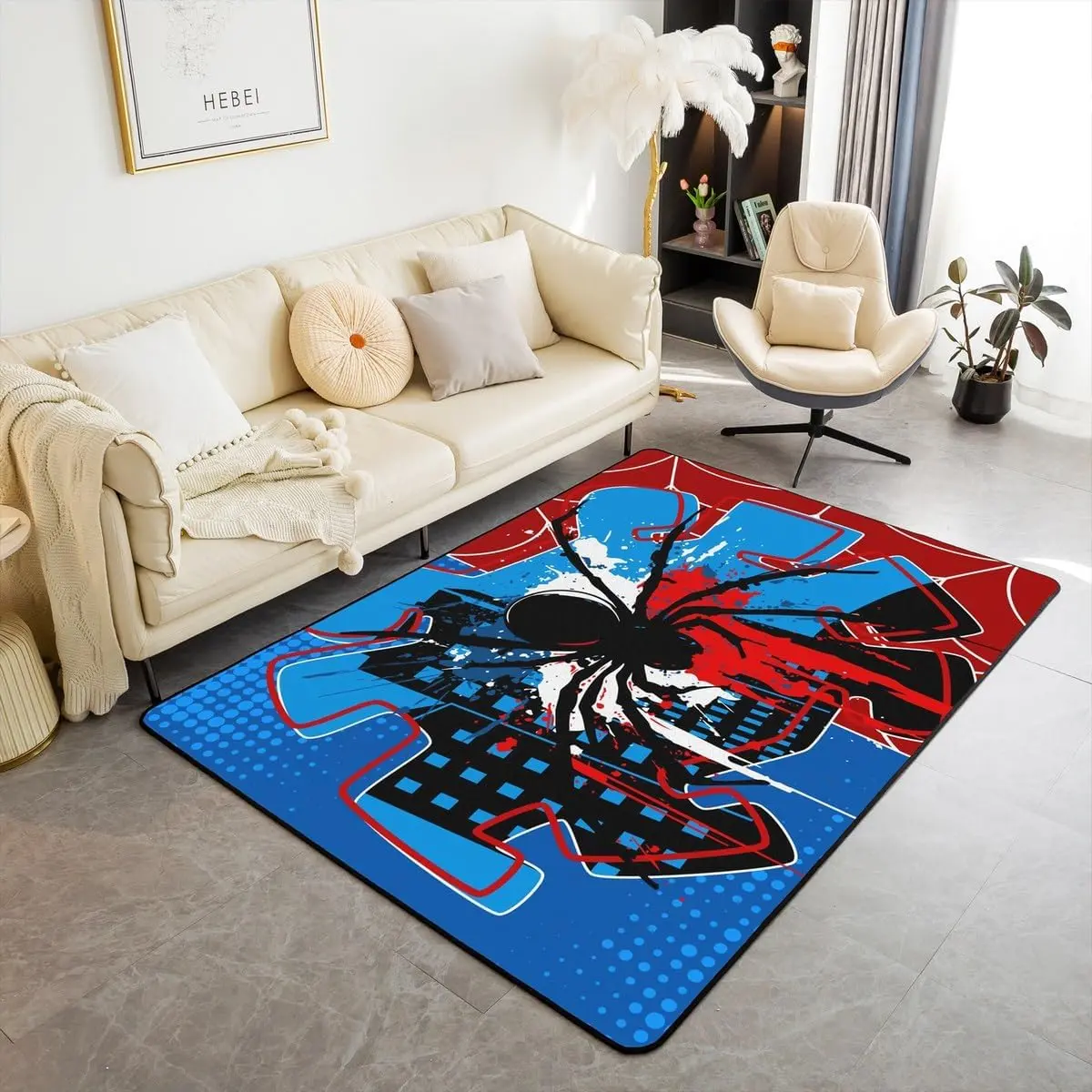 Spider Web Area Rug,Spider Arachnid Insect Animal Indoor Floor Mat Entrance Rug Women Men,Modern Block Halloween Non Slip Rug,Red Blue Unique Couch Living Room Decor