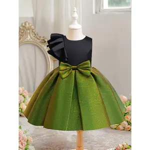 Girls' Glittery Green Sleeveless Party Dress with Black Top & Large Bow - Knee-Length, Polyester Blend, Hand Wash Only, Perfect Weddings & Occasions, Dresses Girls