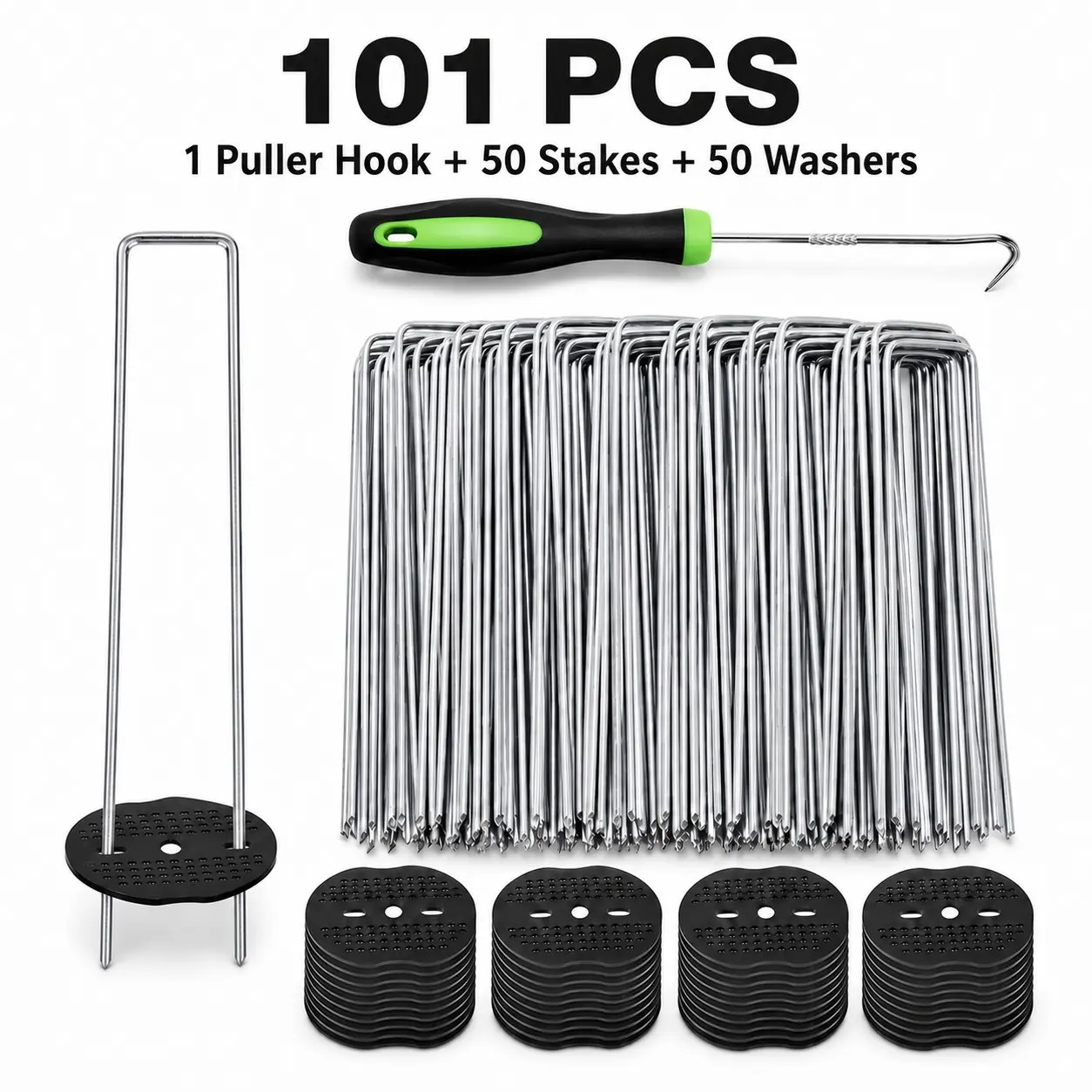 PINKART 101 Pcs Garden Staples Kit with Washers and Puller Tool, U-Shaped Galvanized Ground Stakes for Weed Barrier Fabric, Landscape Fabric, Artificial Turf, Garden Netting, Irrigation Tubing, 10/15/20cm Options