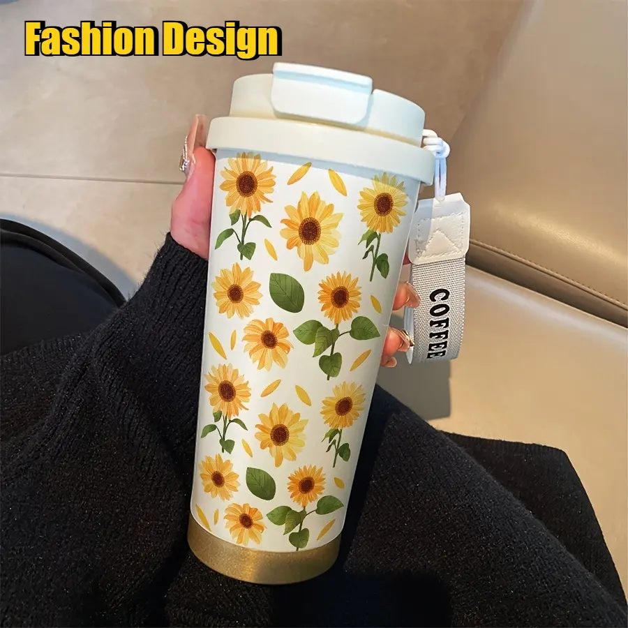 Festive Sunflower 316 Stainless Steel Flask Tumbler, 17.92oz(529ml). Double wall insulated coffee cup with rotating lid and lanyard, leakproof design. Sunflower printed, fits hot and cold drinks, Christmas themed, Travel Thermal Cup.