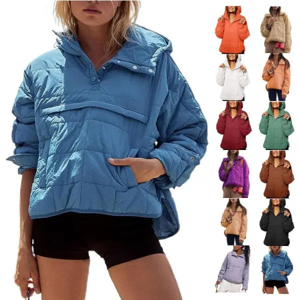 JovenPara Women's Oversized Hooded Puffer Jacket - Quilted, Lightweight, Winter Warm Long Sleeve Casual Pullover Coat with Side Pockets, Adjustable Cuffs, Hooded Neckline, Multiple Colors (Tops, Clothes)