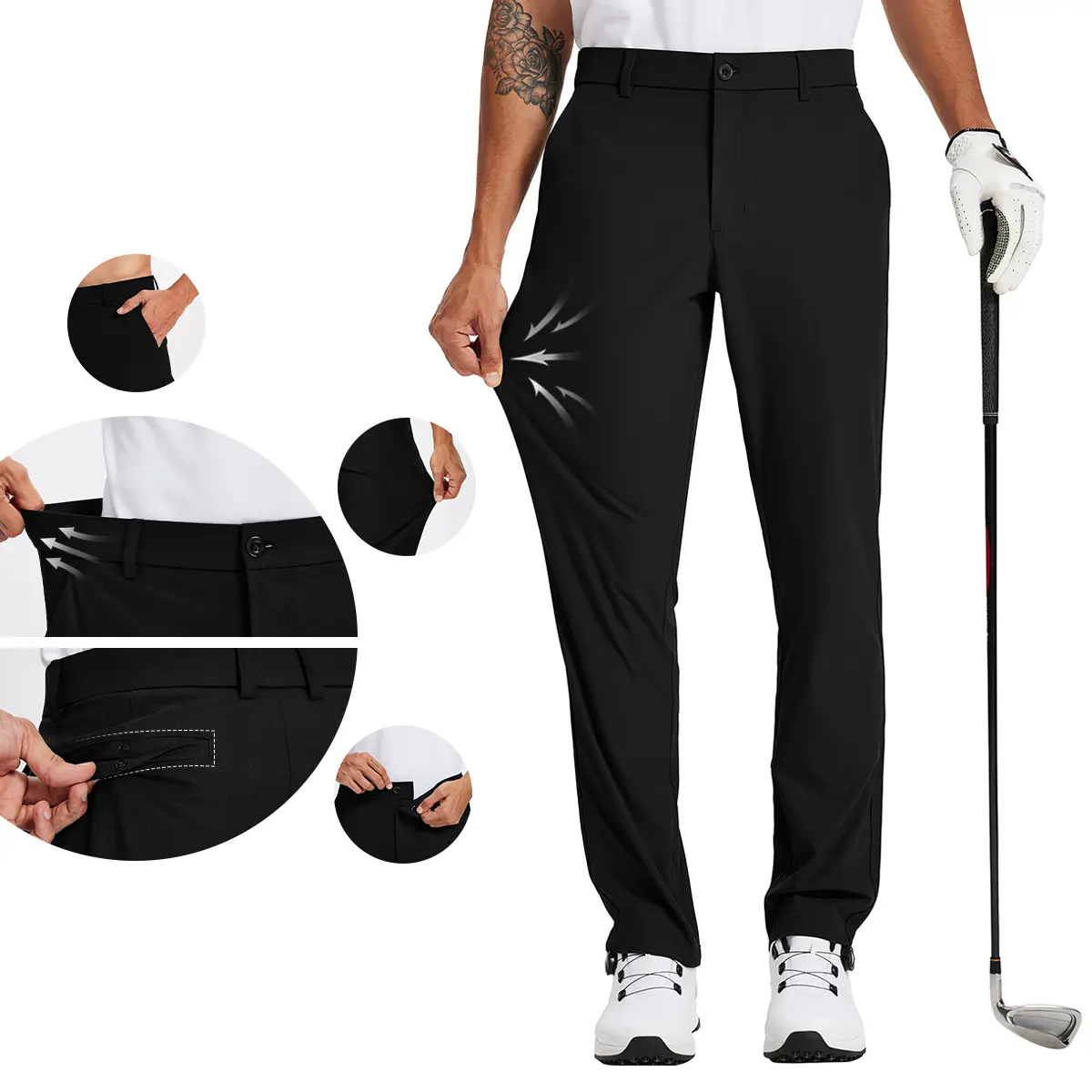 QPNGRP Men's Straight Button Golf Pants - Lightweight, Quick Dry, Anti-Slip, Stretch, Modest, Sporty Chic, Breathable, Polyester, 3D-Cutting, Buckle, 4 Pockets (30"/32"/34"), Engineered Business Class Dress Work Pants for Outdoors All Seasons