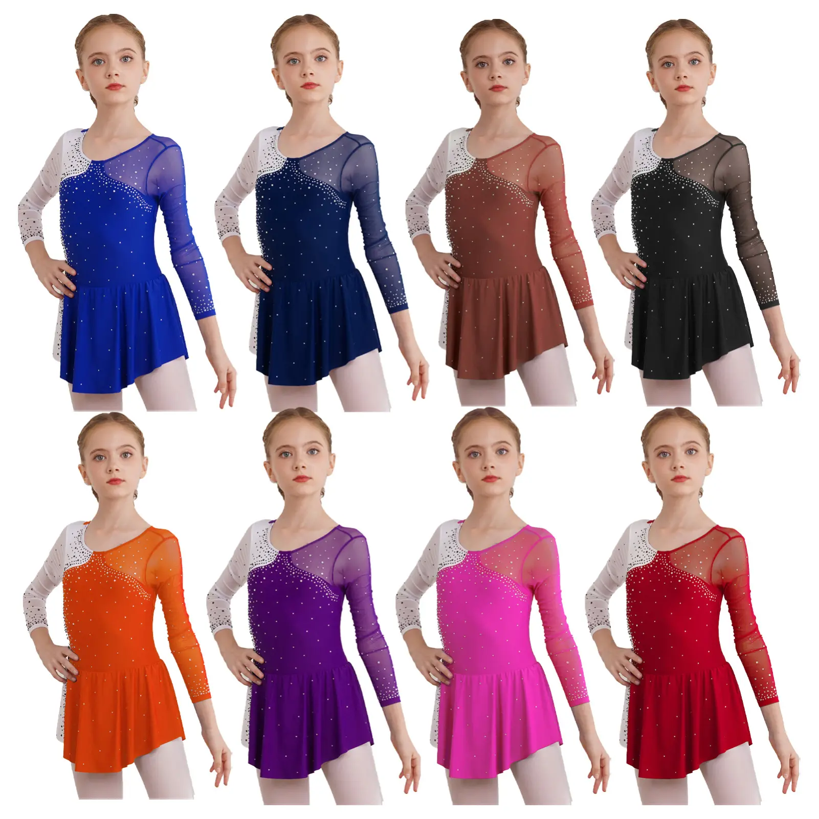 Girl's Athletic Long-Sleeve Rhinestone-Embellished Figure Skating Leotard, Dance Wear