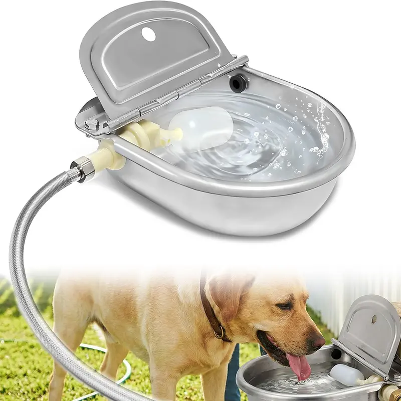 Hasmit 304 Rustproof Solid Metal Automatic Drinking Water Bowl - 3L Auto-Fill Pet Bowl with Float Valve, Backup Float Valve, Easy to Clean, Hose-Connectable for Backyard, Garage Use