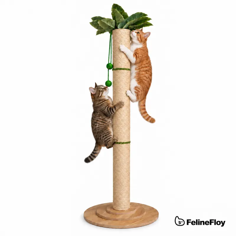 FelineFloy 63in Tall Modern Natural Sisal Vertical Scratcher - Stain-Resistant Wood Cat Post, Plant-Inspired, Shaving-Free Long-Lasting Rope Pole, 3-Layer Wide Base, Interactive Hanging Balls & Leafy Top Play, Easy for Large Indoor Cats
