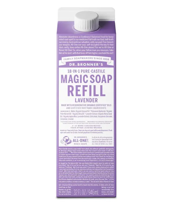 Dr. Bronner's Pure-Castile Liquid Magic Soap Refill - Made with Regenerative Organic Certified Oils, 86% Less Plastic per Quart - 18-in-1 Uses for Face, Body Wash, Hand Soap Refill- Lavender, 32oz