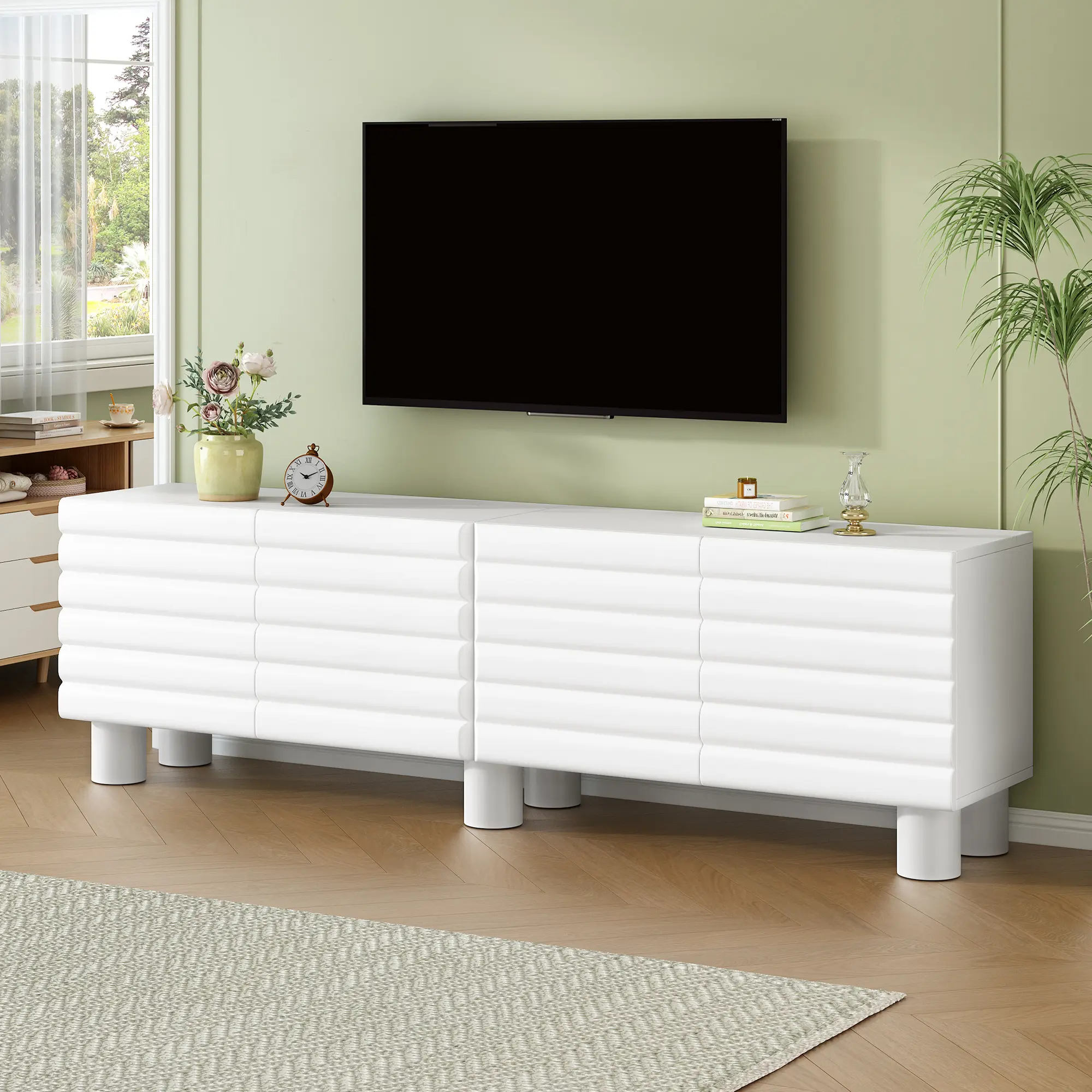 White TV Stand for 75" TV, Wavy Door Media Console with Adjustable Shelves & 8 Cable Holes, Modern Storage Cabinet with Cylindrical Legs, Farmhouse Entertainment Center for Living Room, Cream White