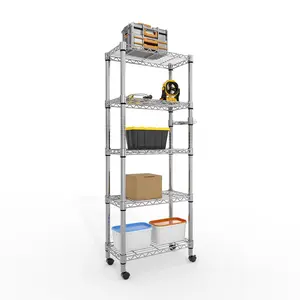 61-Inch Metal Storage Rack with Wheels, 5-Tier Adjustable Wire Mesh Rack with Side Handles, 24-Inch Wide Heavy-Duty Rolling Shelving Unit, Easy to Assemble for Kitchens and Home Garages, Silver