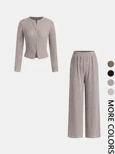 Women's Autumn Winter 2-Piece Set, Casual Aesthetic Round Neck Knitted Cardigan with Buttons & Loose-Fit Pants
