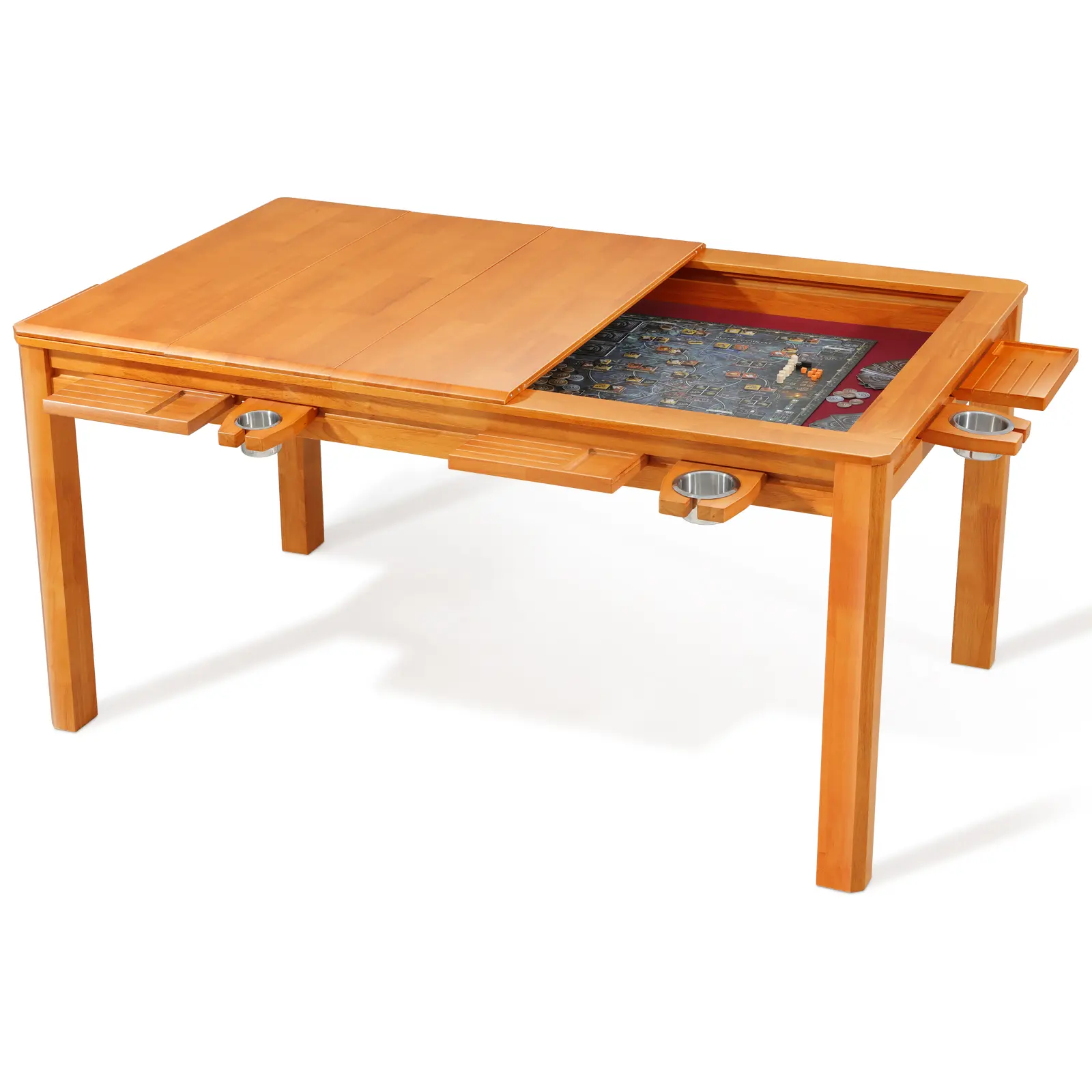 JMMD Foldable Solid Wood Dining Table for Tabletop Games - Removable Top, 4-6 Players, 54"x31" Play Area, Leaf Storage Rack, Neoprene Mat, 6 Cup Holders, Trays, Heirloom-Quality Family Use