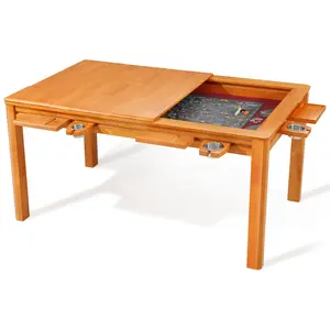 【Essential for Christmas Parties】Board Game Table with Removable Top, Heirloom-Quality Solid Wood Dining & Gaming Table for 4–6 Players, 54" x 31" Play Area, Leaf Storage Rack, Neoprene Play Mat, 6 Cup Holders & Trays, Nature round anime