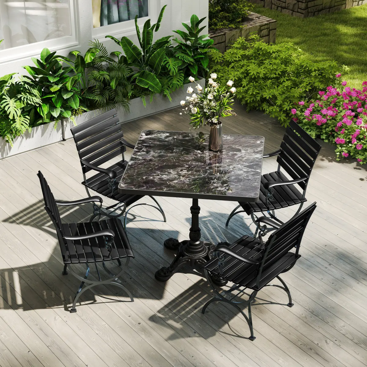 Marble-Look Sintered Stone Square Table - Heavy-Duty Cast Iron Base for Bistro, Cafe, Bar & Home Use