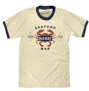 Old Bay Seafood Bar Lobster Logo Ringer T-Shirt - Beige and Navy Old Bay Seafood Bar Lobster Logo Ringer T-Shirt - Beige and Navy
