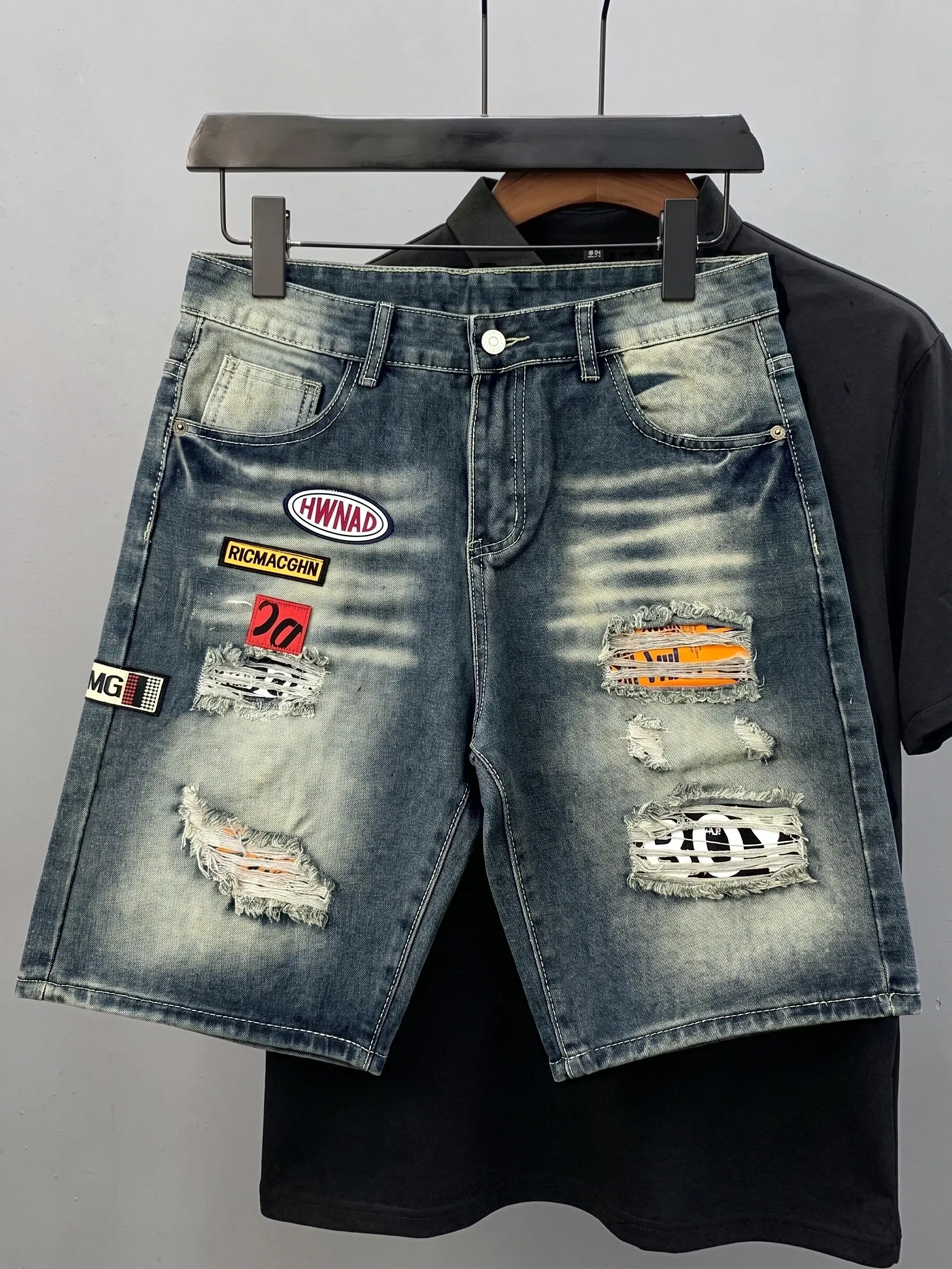 Men's Distressed Denim Shorts,Retro Multi-Patch Ripped Jorts,Y2K Streetwear Medium Wash Blue Jean Shorts,Summer Casual Loose Straight Skater Bottoms