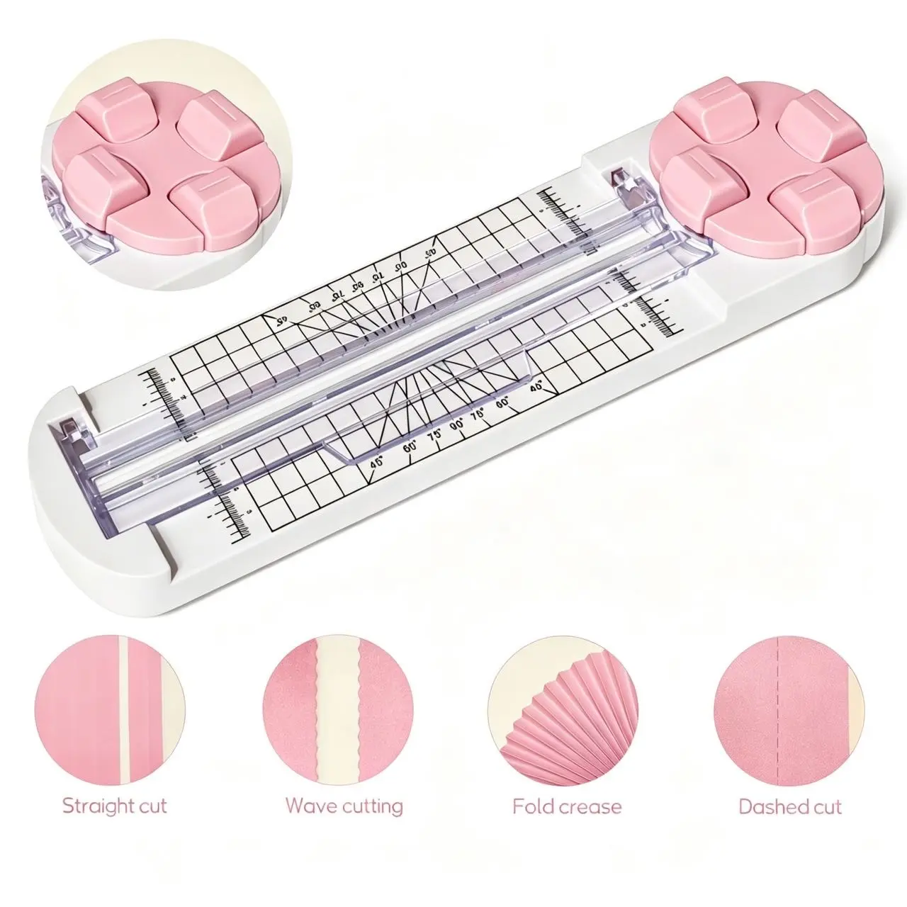 4-in-1 Model Compact Paper Trimmer with Straight & 4 Style Blades, Cute Scalloped Borders, Measuring Grid, Accurate Sizing for Cardstock, Scrapbook, DIY Projects (Pink+Blue)