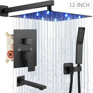 Matte Black Shower Faucet Set with Tub Spout, 12 Inch LED Square Rainfall Shower Head and Handle , Tub and Shower Faucet Combo, Rain Shower and Handheld Shower System Square Wall Mount for Bathroom