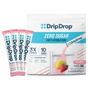 DripDrop Zero Sugar Strawberry Lemonade Electrolyte Powder, 8 oz sticks, 32 count