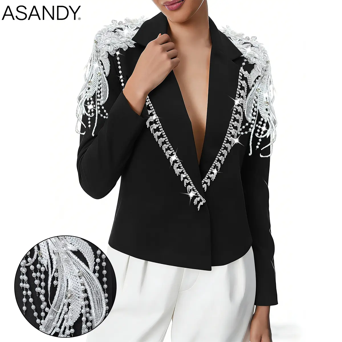 ASANDY Women's Luxury Longsleeves Black Blazer - 1-Piece Chic Women's Suit, Button-Closure, Handcrafted Embroidery with Rhinestone and Pearl Tassel Detail, Party-Ready Statement Blazer, Chic Women's Suits