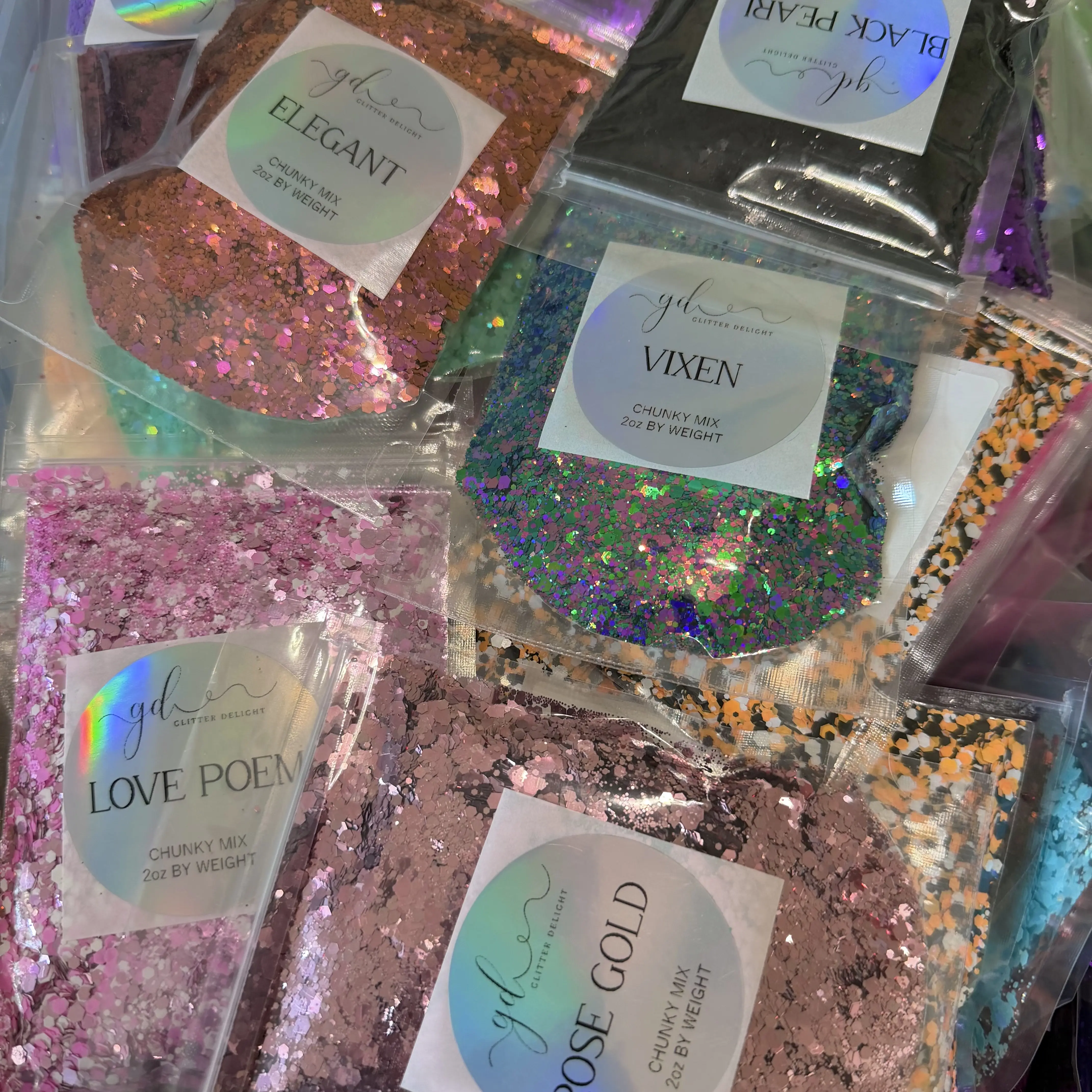 Delight Glitter Grab Bag 5 Bag Bundle - Chunky Mix Fine Glitter Tumbler Resin Crafting Body Nail Art