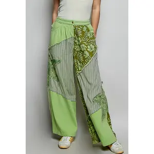 POL Striped Floral Patchwork Wide leg Pants with Side Big Star Patch