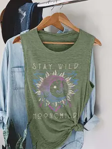 Women's Moon & Feather Print Round Neck Tank Top, Sleeveless Tank Tops, Casual Sleeveless Top for Summer, Ladies Clothes for Daily Wear, Socks