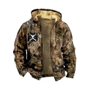 Men’s Camouflage Hooded Jacket, Lined – Autumn/Winter Warm Zip-Up Sweatshirt, Casual Leaf Print Design, Multiple Pockets, Adjustable Hood, Polyester Blend, Easy to Match with Casual Outfits, Long Sleeve